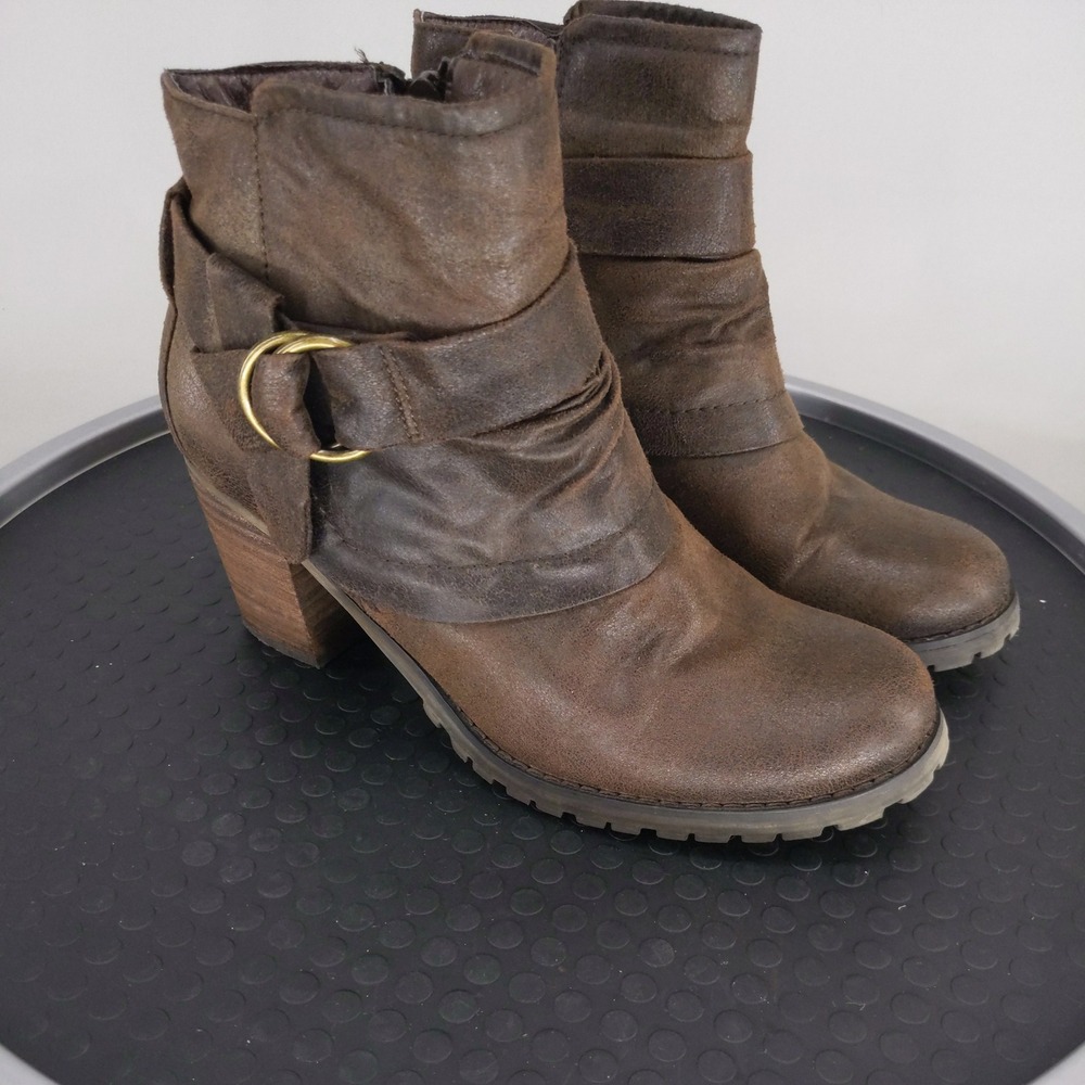 BareTraps Zizie Boots Women 8 Brown Buckle Slouch Ankle Booties Lug Sole Zipper